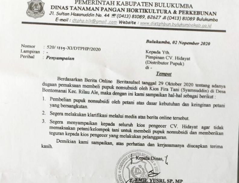 Terkait Polemik Pupuk Nonsubsidi, Kadis TPHP Bulukumba Surati Distributor