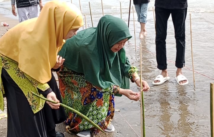 Foto: Ketua PD Aisyiyah Sinjai, Rahmi Sinar Alam saat Penanaman Bibit Pohon Mangrove di Desa Pasimarannu