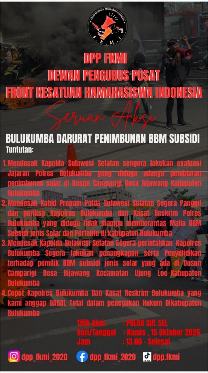 Kamis Mendatang, Mahasiswa Serbu Polda Sulsel Minta Kapolres Bulukumba dan Kasat Reskrim Dicopot Imbas Penimbunan Solar